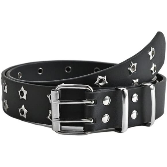 Gothic Star Rivet PU Leather Belt Double Buckle Y2K Studded Jeans Belt - Picture 1 of 7
